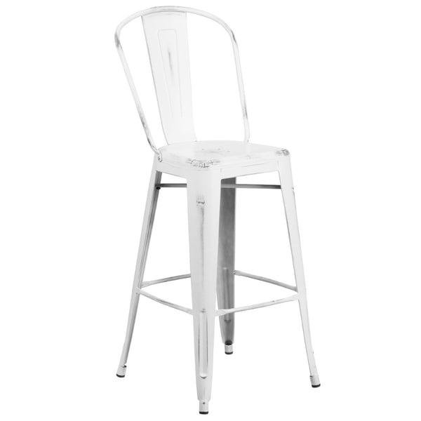 English Elm Cindy Commercial Grade 30" High Distressed Metal Barstool with Back for Indoor-Outdoor Use White ET-3534-30-WH-GG