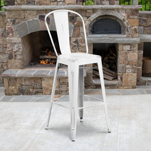English Elm Cindy Commercial Grade 30" High Distressed Metal Barstool with Back for Indoor-Outdoor Use White ET-3534-30-WH-GG