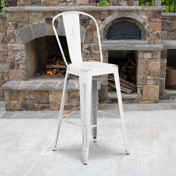 English Elm Cindy Commercial Grade 30" High Distressed Metal Barstool with Back for Indoor-Outdoor Use White ET-3534-30-WH-GG