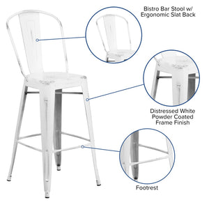 English Elm Cindy Commercial Grade 30" High Distressed Metal Barstool with Back for Indoor-Outdoor Use White ET-3534-30-WH-GG