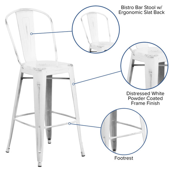 English Elm Cindy Commercial Grade 30" High Distressed Metal Barstool with Back for Indoor-Outdoor Use White ET-3534-30-WH-GG