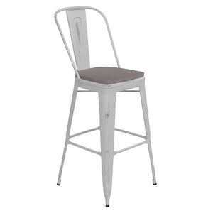 English Elm Carly Commercial Grade 30" High Metal Barstool with Back for Indoor-Outdoor Dining Comfort & Style Gray Seat/White Frame ET-3534-30-WH-PL1G-GG
