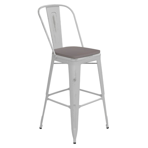 English Elm Carly Commercial Grade 30" High Metal Barstool with Back for Indoor-Outdoor Dining Comfort & Style Gray Seat/White Frame ET-3534-30-WH-PL1G-GG