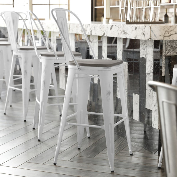 English Elm Carly Commercial Grade 30" High Metal Barstool with Back for Indoor-Outdoor Dining Comfort & Style Gray Seat/White Frame ET-3534-30-WH-PL1G-GG