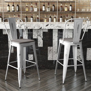English Elm Carly Commercial Grade 30" High Metal Barstool with Back for Indoor-Outdoor Dining Comfort & Style Gray Seat/White Frame ET-3534-30-WH-PL1G-GG