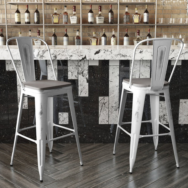 English Elm Carly Commercial Grade 30" High Metal Barstool with Back for Indoor-Outdoor Dining Comfort & Style Gray Seat/White Frame ET-3534-30-WH-PL1G-GG