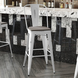 English Elm Carly Commercial Grade 30" High Metal Barstool with Back for Indoor-Outdoor Dining Comfort & Style Gray Seat/White Frame ET-3534-30-WH-PL1G-GG