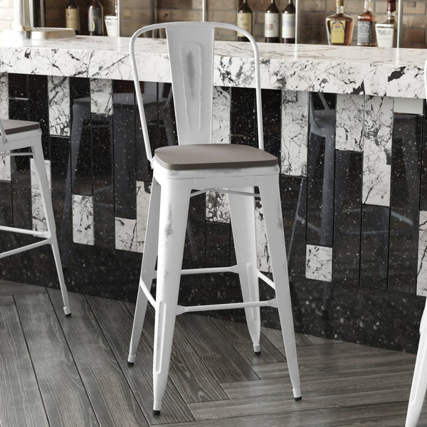 English Elm Carly Commercial Grade 30" High Metal Barstool with Back for Indoor-Outdoor Dining Comfort & Style Gray Seat/White Frame ET-3534-30-WH-PL1G-GG