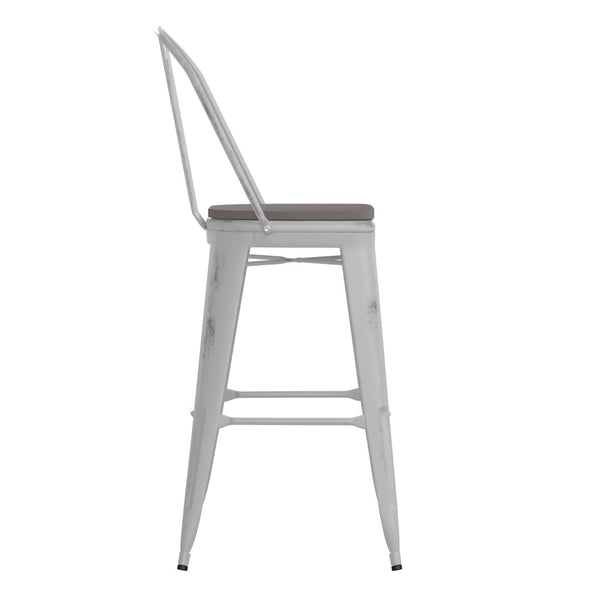 English Elm Carly Commercial Grade 30" High Metal Barstool with Back for Indoor-Outdoor Dining Comfort & Style Gray Seat/White Frame ET-3534-30-WH-PL1G-GG