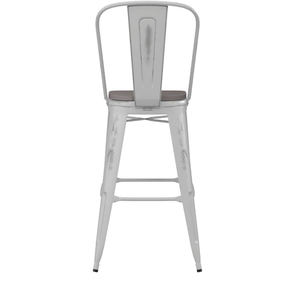 English Elm Carly Commercial Grade 30" High Metal Barstool with Back for Indoor-Outdoor Dining Comfort & Style Gray Seat/White Frame ET-3534-30-WH-PL1G-GG
