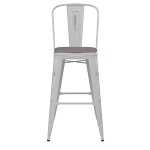 English Elm Carly Commercial Grade 30" High Metal Barstool with Back for Indoor-Outdoor Dining Comfort & Style Gray Seat/White Frame ET-3534-30-WH-PL1G-GG