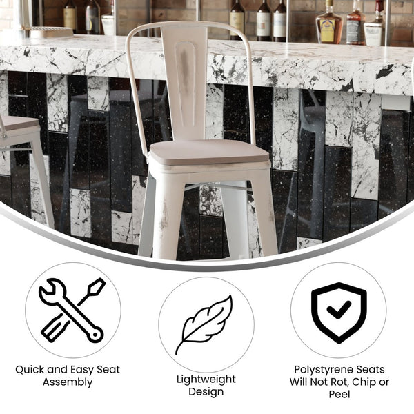 English Elm Carly Commercial Grade 30" High Metal Barstool with Back for Indoor-Outdoor Dining Comfort & Style Gray Seat/White Frame ET-3534-30-WH-PL1G-GG