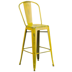 English Elm Cindy Commercial Grade 30" High Distressed Metal Barstool with Back for Indoor-Outdoor Use Yellow ET-3534-30-YL-GG