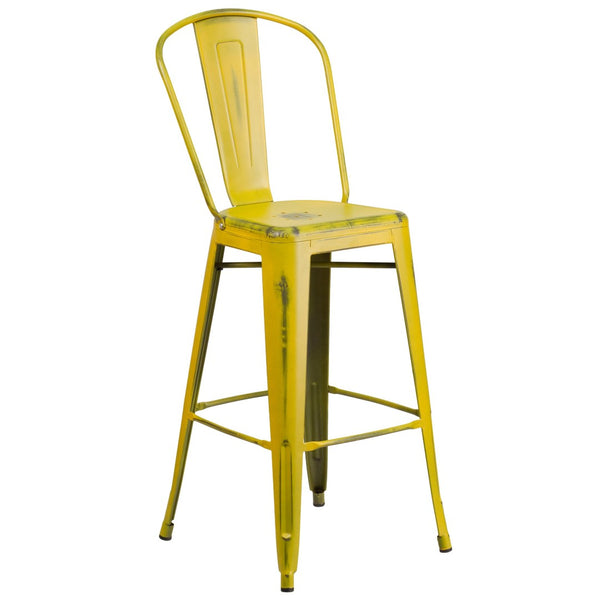 English Elm Cindy Commercial Grade 30" High Distressed Metal Barstool with Back for Indoor-Outdoor Use Yellow ET-3534-30-YL-GG
