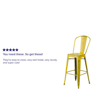 English Elm Cindy Commercial Grade 30" High Distressed Metal Barstool with Back for Indoor-Outdoor Use Yellow ET-3534-30-YL-GG