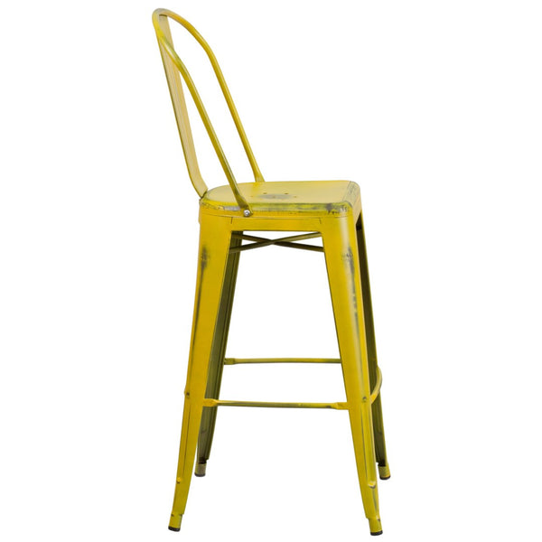 English Elm Cindy Commercial Grade 30" High Distressed Metal Barstool with Back for Indoor-Outdoor Use Yellow ET-3534-30-YL-GG