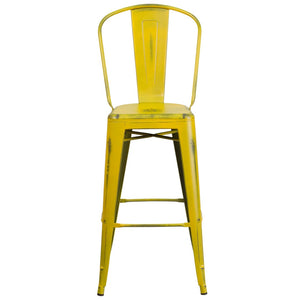 English Elm Cindy Commercial Grade 30" High Distressed Metal Barstool with Back for Indoor-Outdoor Use Yellow ET-3534-30-YL-GG
