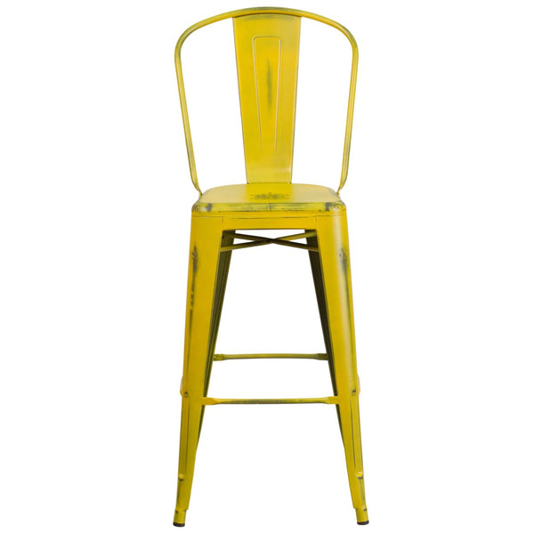 English Elm Cindy Commercial Grade 30" High Distressed Metal Barstool with Back for Indoor-Outdoor Use Yellow ET-3534-30-YL-GG