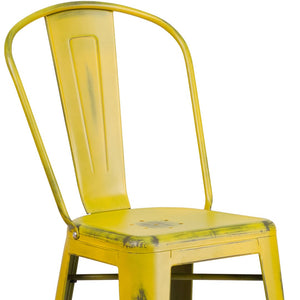 English Elm Cindy Commercial Grade 30" High Distressed Metal Barstool with Back for Indoor-Outdoor Use Yellow ET-3534-30-YL-GG