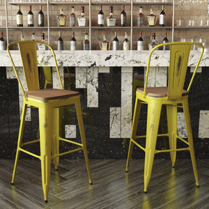 English Elm Carly Commercial Grade 30" High Metal Barstool with Back for Indoor-Outdoor Dining Comfort & Style Teak Seat/Yellow Frame ET-3534-30-YL-PL1T-GG