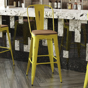 English Elm Carly Commercial Grade 30" High Metal Barstool with Back for Indoor-Outdoor Dining Comfort & Style Teak Seat/Yellow Frame ET-3534-30-YL-PL1T-GG