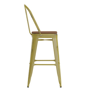 English Elm Carly Commercial Grade 30" High Metal Barstool with Back for Indoor-Outdoor Dining Comfort & Style Teak Seat/Yellow Frame ET-3534-30-YL-PL1T-GG