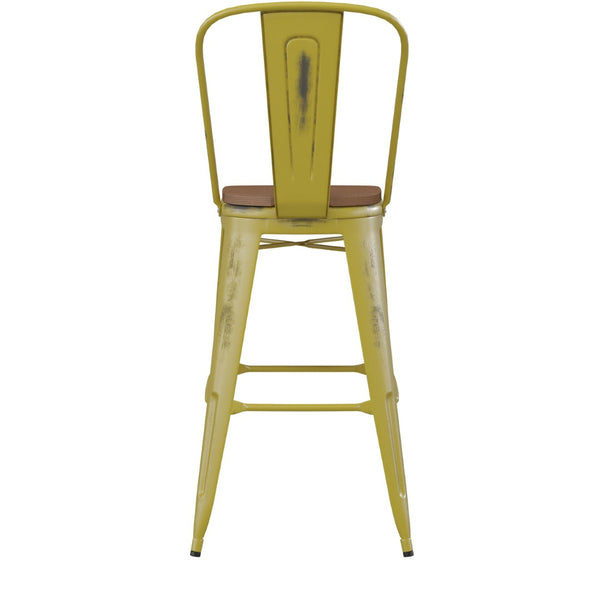 English Elm Carly Commercial Grade 30" High Metal Barstool with Back for Indoor-Outdoor Dining Comfort & Style Teak Seat/Yellow Frame ET-3534-30-YL-PL1T-GG