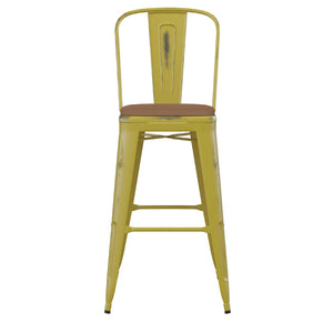 English Elm Carly Commercial Grade 30" High Metal Barstool with Back for Indoor-Outdoor Dining Comfort & Style Teak Seat/Yellow Frame ET-3534-30-YL-PL1T-GG