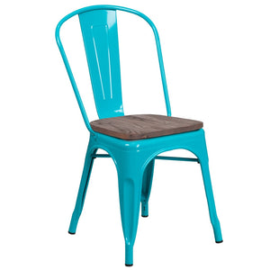 English Elm Tenley Stackable Metal Chair with Rustic Walnut Wood Seat - Perfect for Dining & Bistro Spaces Crystal Teal-Blue ET-3534-CB-WD-GG