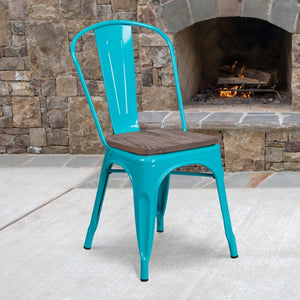 English Elm Tenley Stackable Metal Chair with Rustic Walnut Wood Seat - Perfect for Dining & Bistro Spaces Crystal Teal-Blue ET-3534-CB-WD-GG