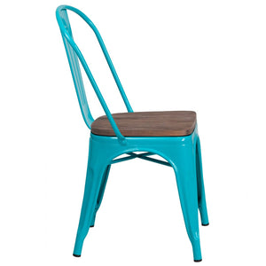 English Elm Tenley Stackable Metal Chair with Rustic Walnut Wood Seat - Perfect for Dining & Bistro Spaces Crystal Teal-Blue ET-3534-CB-WD-GG