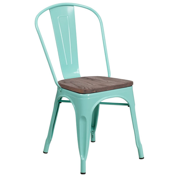 English Elm Tenley Stackable Metal Chair with Rustic Walnut Wood Seat - Perfect for Dining & Bistro Spaces Mint Green ET-3534-MINT-WD-GG