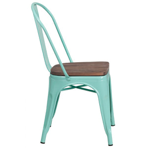 English Elm Tenley Stackable Metal Chair with Rustic Walnut Wood Seat - Perfect for Dining & Bistro Spaces Mint Green ET-3534-MINT-WD-GG