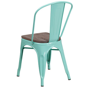 English Elm Tenley Stackable Metal Chair with Rustic Walnut Wood Seat - Perfect for Dining & Bistro Spaces Mint Green ET-3534-MINT-WD-GG