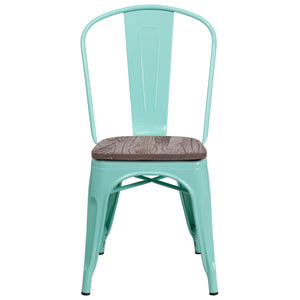 English Elm Tenley Stackable Metal Chair with Rustic Walnut Wood Seat - Perfect for Dining & Bistro Spaces Mint Green ET-3534-MINT-WD-GG
