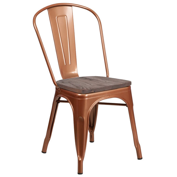 English Elm Tenley Stackable Metal Chair with Rustic Walnut Wood Seat - Perfect for Dining & Bistro Spaces Copper ET-3534-POC-WD-GG