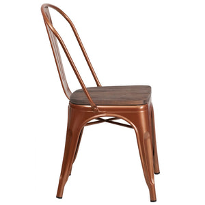 English Elm Tenley Stackable Metal Chair with Rustic Walnut Wood Seat - Perfect for Dining & Bistro Spaces Copper ET-3534-POC-WD-GG