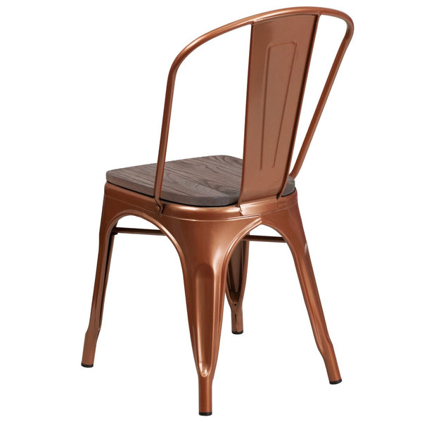 English Elm Tenley Stackable Metal Chair with Rustic Walnut Wood Seat - Perfect for Dining & Bistro Spaces Copper ET-3534-POC-WD-GG