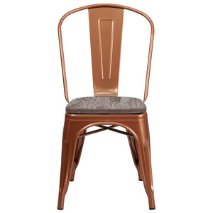 English Elm Tenley Stackable Metal Chair with Rustic Walnut Wood Seat - Perfect for Dining & Bistro Spaces Copper ET-3534-POC-WD-GG