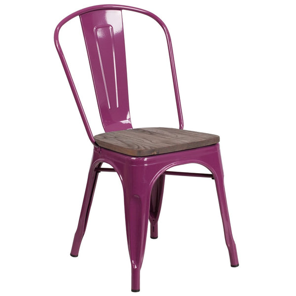 English Elm Tenley Stackable Metal Chair with Rustic Walnut Wood Seat - Perfect for Dining & Bistro Spaces Purple ET-3534-PUR-WD-GG