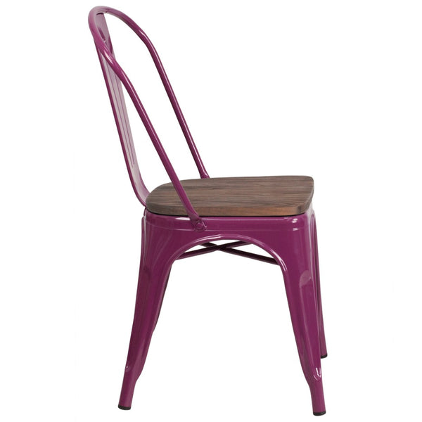English Elm Tenley Stackable Metal Chair with Rustic Walnut Wood Seat - Perfect for Dining & Bistro Spaces Purple ET-3534-PUR-WD-GG