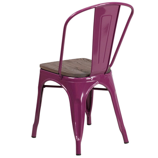 English Elm Tenley Stackable Metal Chair with Rustic Walnut Wood Seat - Perfect for Dining & Bistro Spaces Purple ET-3534-PUR-WD-GG
