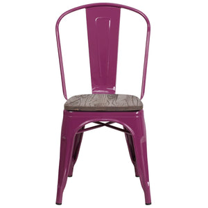 English Elm Tenley Stackable Metal Chair with Rustic Walnut Wood Seat - Perfect for Dining & Bistro Spaces Purple ET-3534-PUR-WD-GG