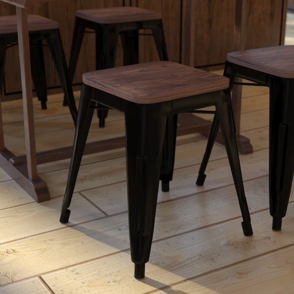 English Elm Kai 18" Backless Dining Stool Set of 4 - Durable Wooden Seat, Stackable Metal Design for Any Space Black ET-BT3503-18-BLK-WD-GG