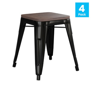 English Elm Kai 18" Backless Dining Stool Set of 4 - Durable Wooden Seat, Stackable Metal Design for Any Space Black ET-BT3503-18-BLK-WD-GG