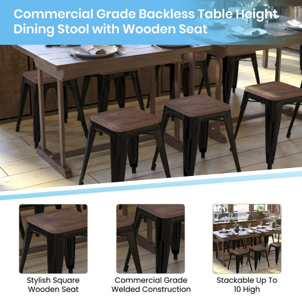 English Elm Kai 18" Backless Dining Stool Set of 4 - Durable Wooden Seat, Stackable Metal Design for Any Space Black ET-BT3503-18-BLK-WD-GG