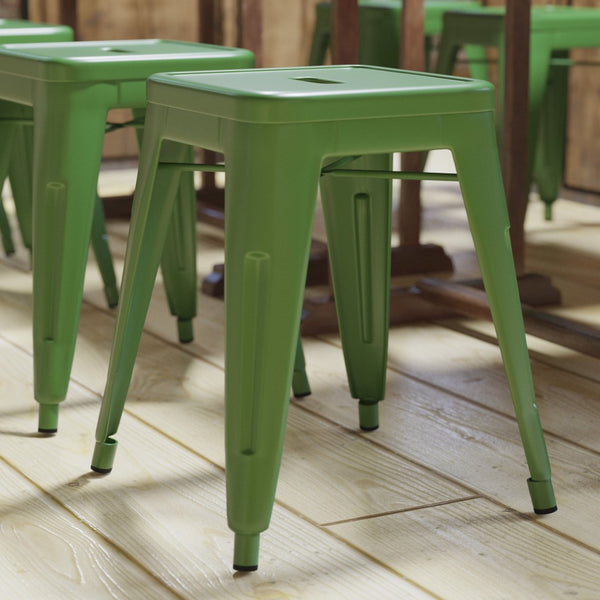 English Elm Kai Set of 4 Stackable Metal Stools for Dining, Kitchen, and Commercial Spaces - Durable & Stylish Green ET-BT3503-18-GN-GG