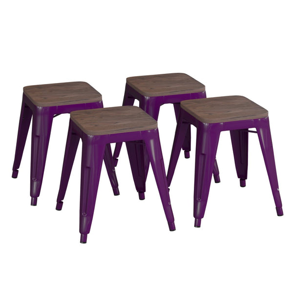 English Elm Kai 18" Backless Dining Stool Set of 4 - Durable Wooden Seat, Stackable Metal Design for Any Space Purple ET-BT3503-18-PR-WD-GG