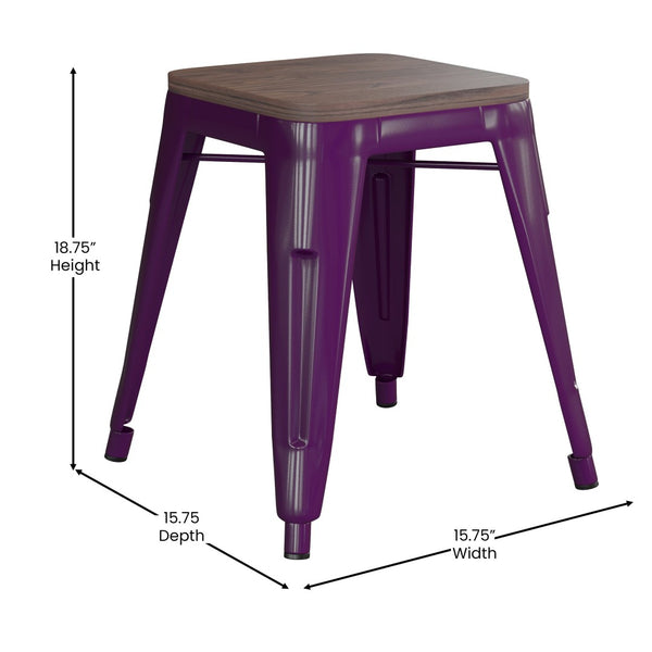 English Elm Kai 18" Backless Dining Stool Set of 4 - Durable Wooden Seat, Stackable Metal Design for Any Space Purple ET-BT3503-18-PR-WD-GG