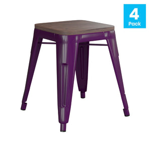 English Elm Kai 18" Backless Dining Stool Set of 4 - Durable Wooden Seat, Stackable Metal Design for Any Space Purple ET-BT3503-18-PR-WD-GG